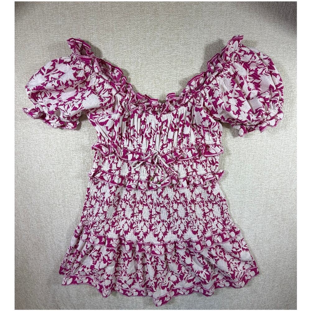Saylor Women M Pink White Floral Peasant Boho Off Shoulder Short Dress Casual